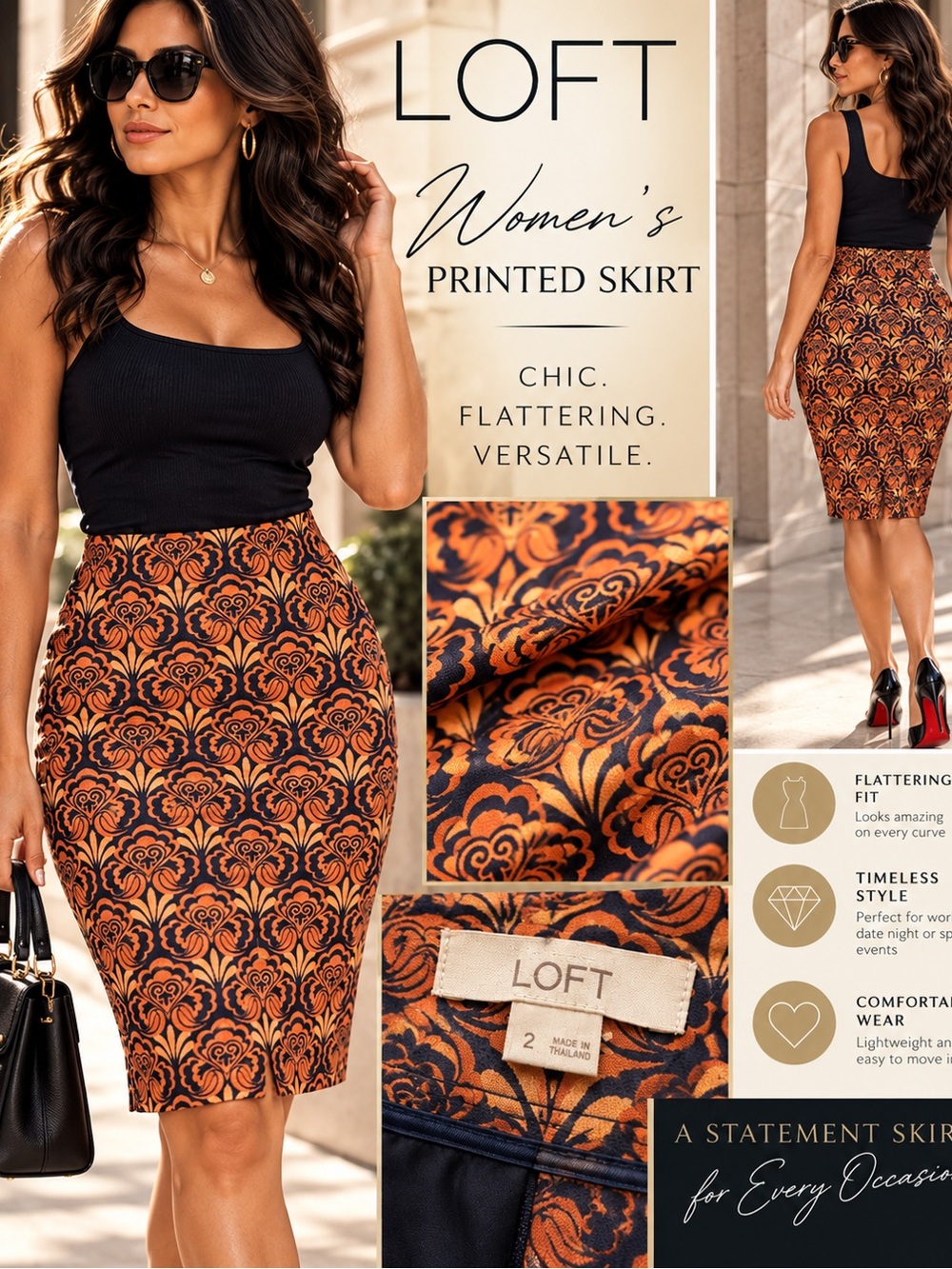LOFT Black & Orange Floral-Print Pencil Skirt size 2 — NWOT